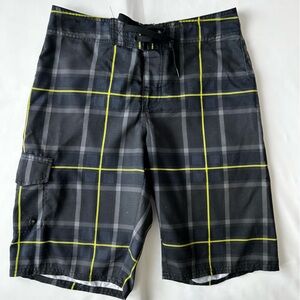 Men's Hang Ten Black and Yellow Plaid Swim Shorts